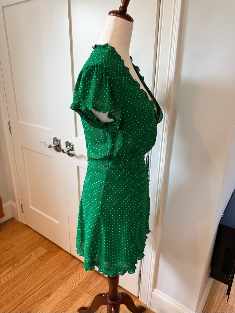 Reformation Sicilia Green Polka Dot Mini Wrap Dress - Picture 13 of 16